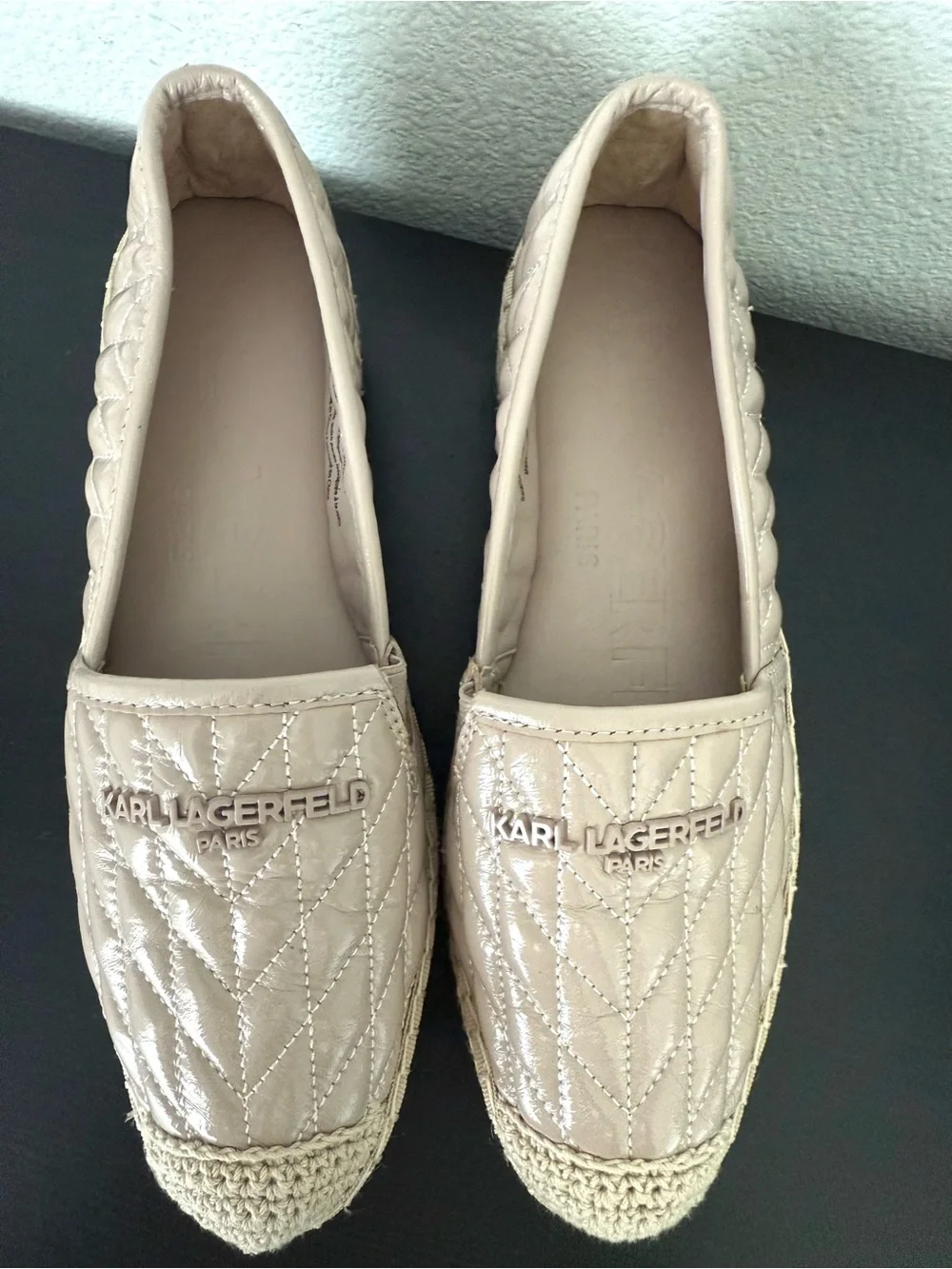 KARL LAGERFELD PARIS Desta Quilted Leather Slip-On Espadrille Platform Flat